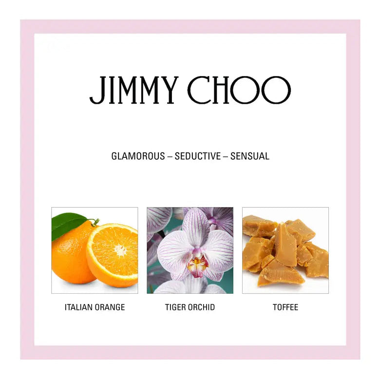 Jimmy Choo fragrance description card with images of Italian orange, tiger orchid, and toffee.