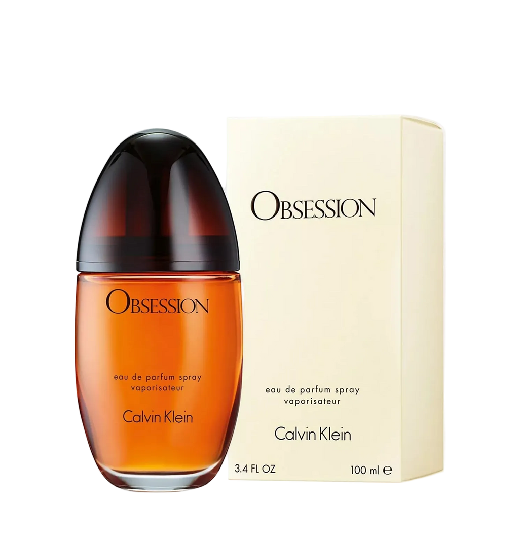 Calvin Klein Obsession perfume bottle and packaging on a light gray background