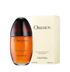 Calvin Klein Obsession perfume bottle and packaging on a light gray background